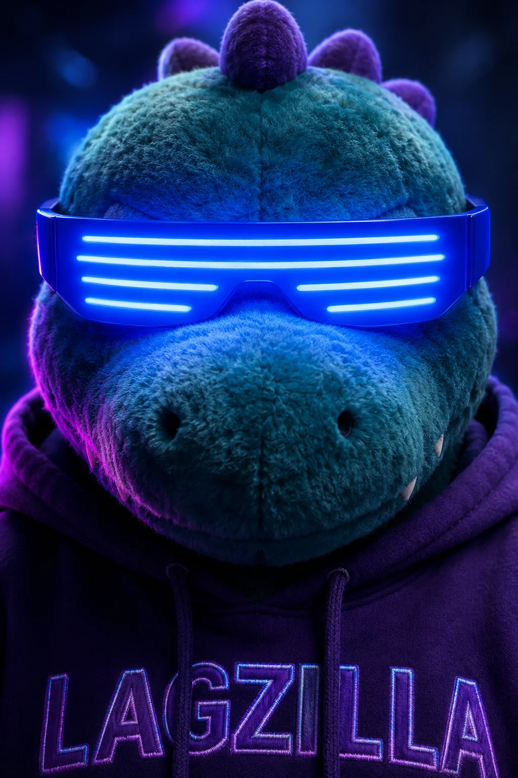Lagzilla, close-up com óculos LED azuis