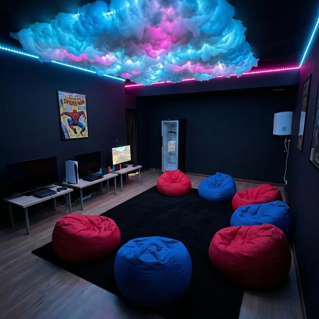 O espaço Pixel Zone: teto de nuvens LED e puffs
