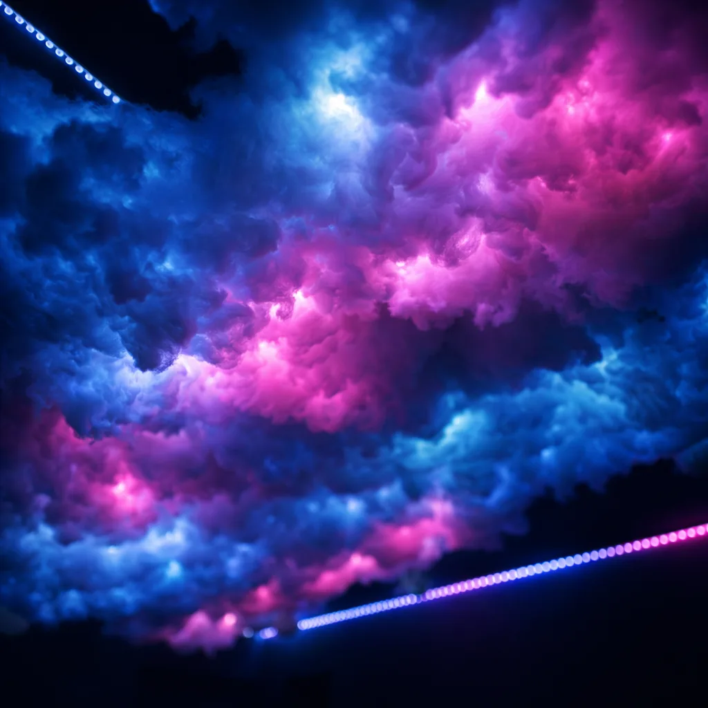 Teto de nuvens LED azul e rosa